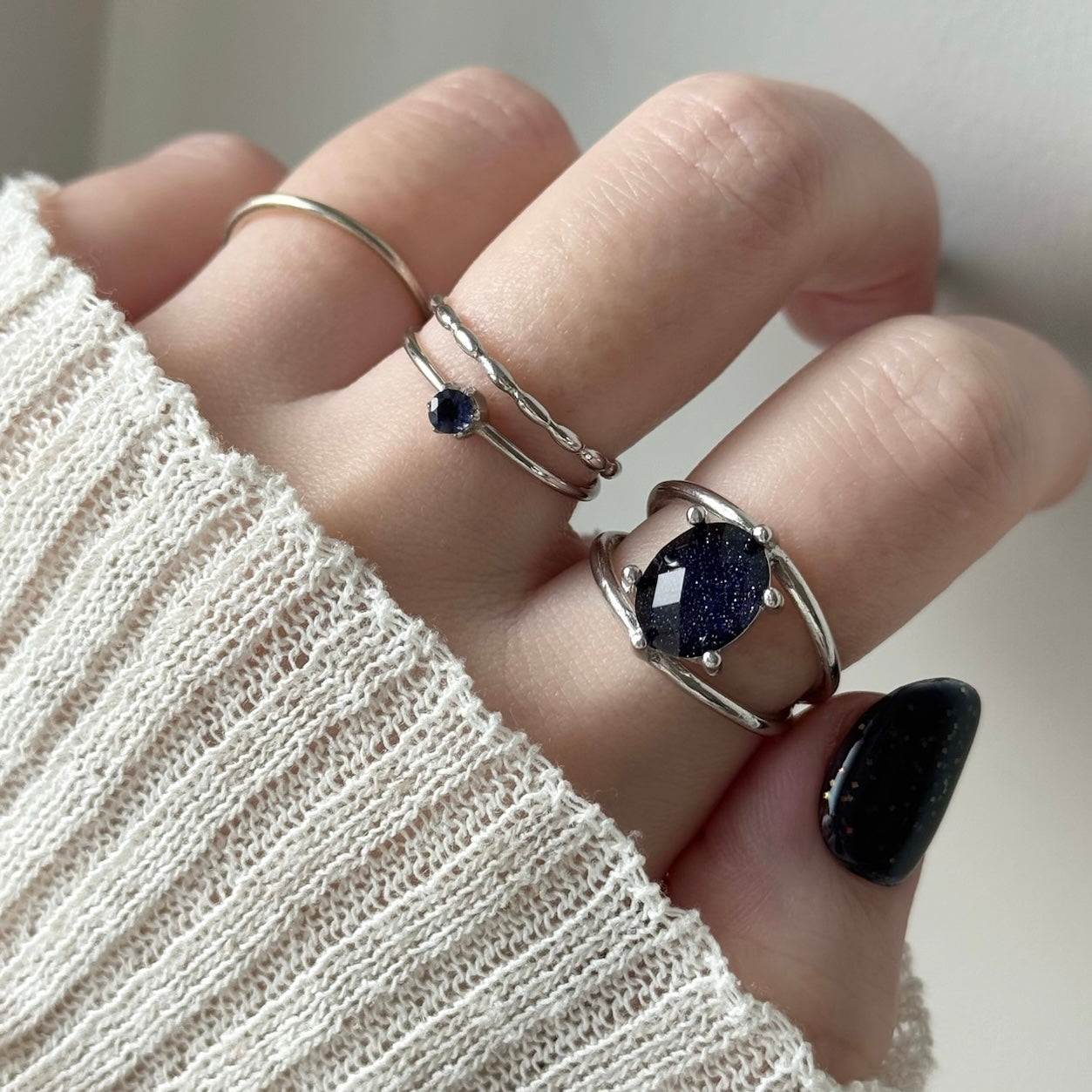 [ blue gold stone & crystal (multi-faceted) ] double silver [ free size ]