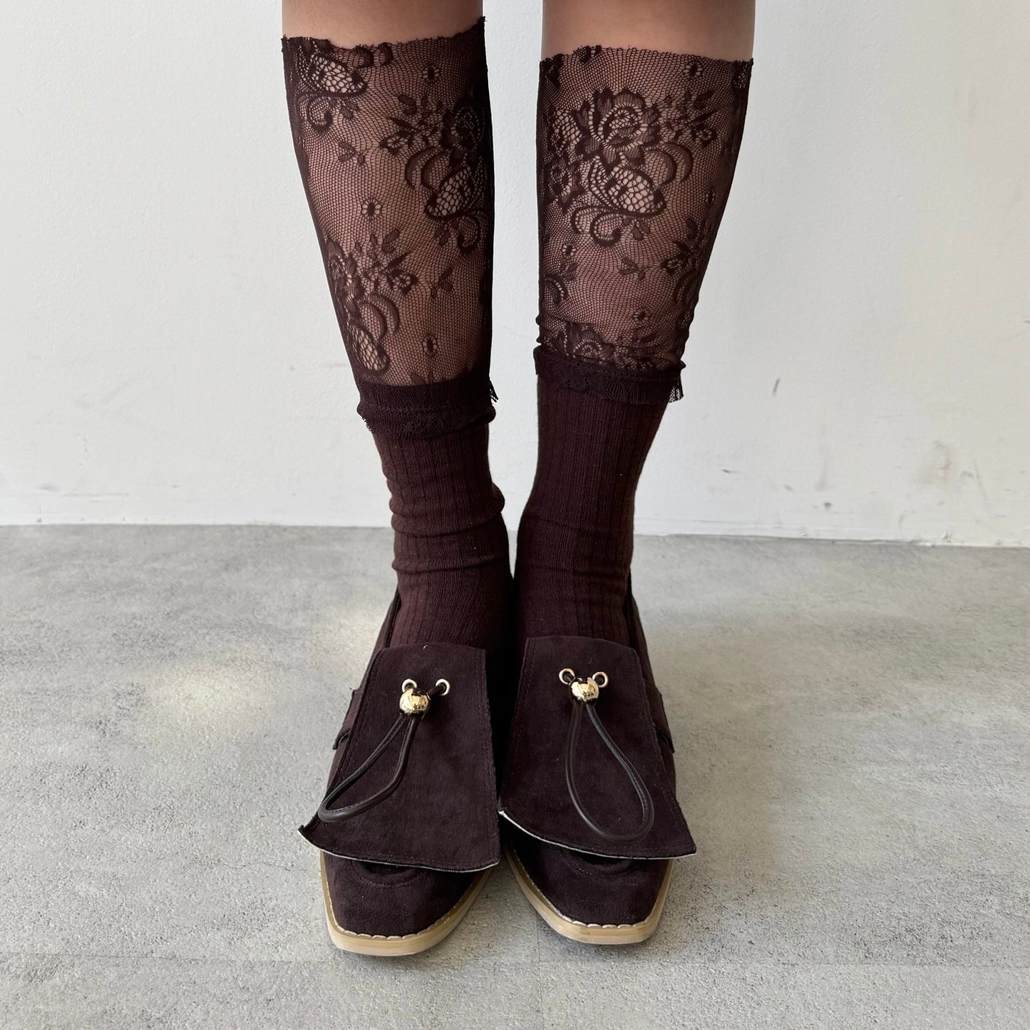 【BROWN】layered lace socks