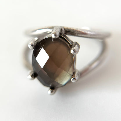 [ smoky quarz (multi-faceted) ] double silver [ free size ]