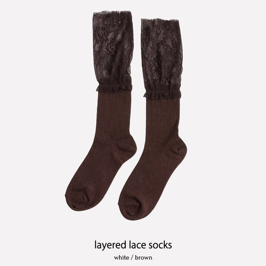 【BROWN】layered lace socks