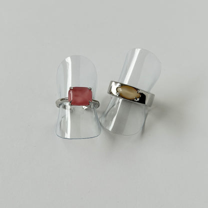 【2 rings set】[ dark pink ] gem OCTAGON silver & [ yellow moon glass ] europa silver