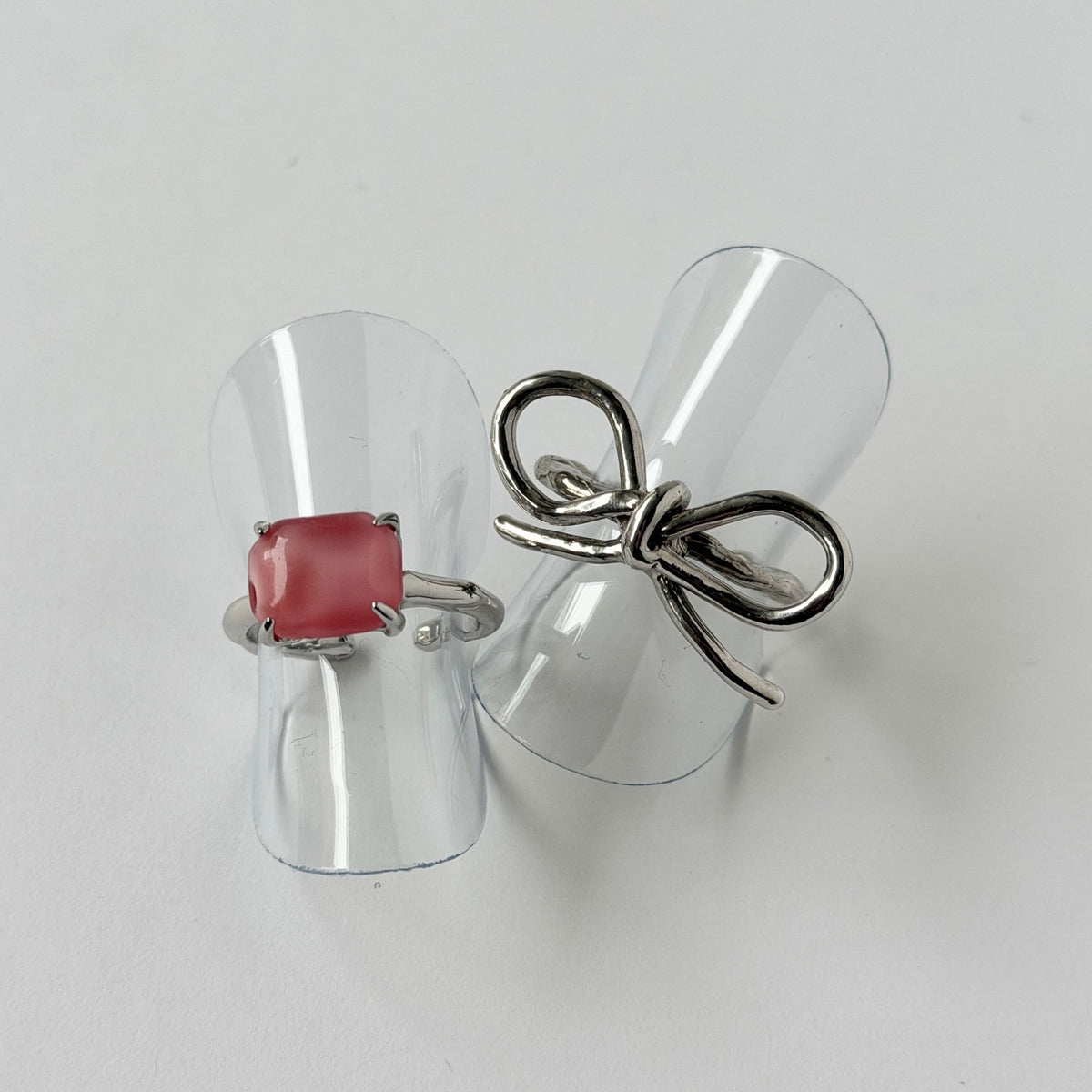 【2 rings set】[ silver ] ribbon ring & [ dark pink ] gem OCTAGON silver