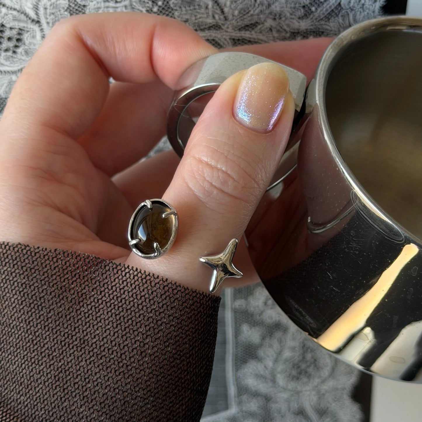 [ smoky quartz ] four pointed star silver