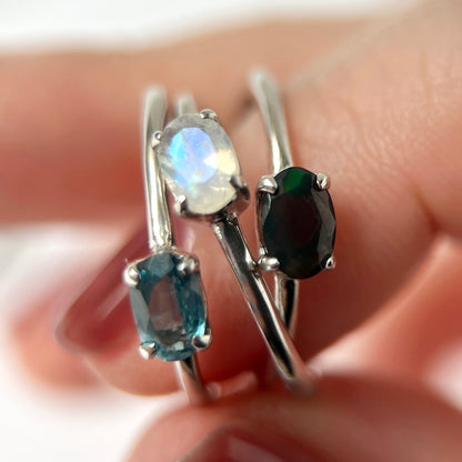 [ rainbow moon stone ] oval faceted cut ring  silver