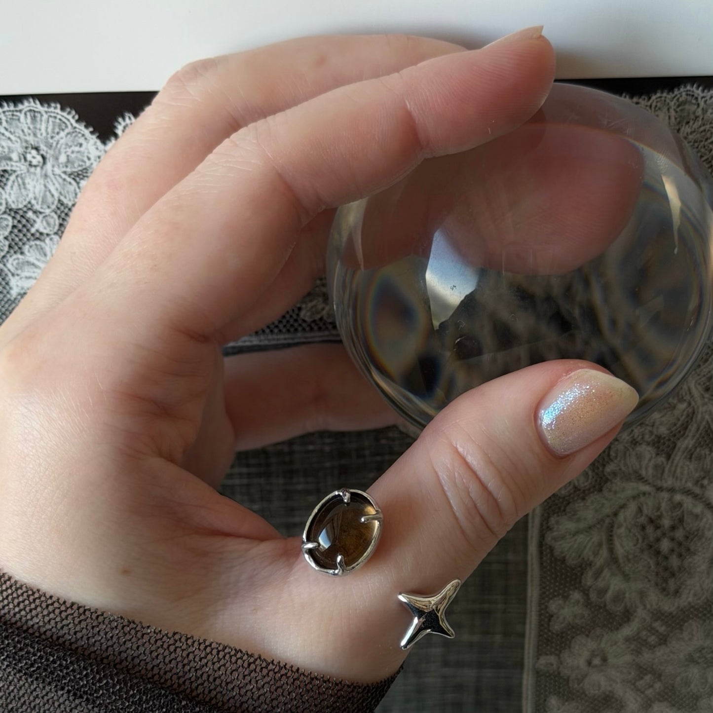[ smoky quartz ] four pointed star silver