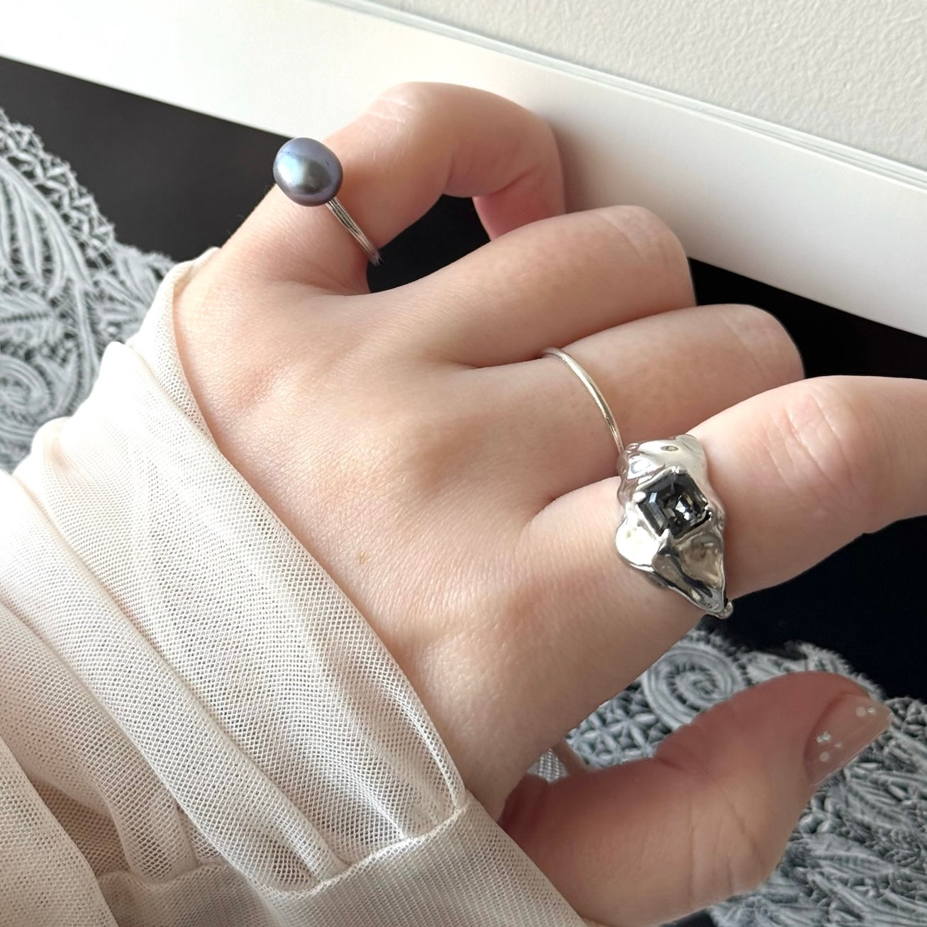 [ crystal night ]  melt ring  silver  [ free size ]