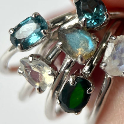[ rainbow moon stone ] dorp faceted cut ring  silver [ free size ]