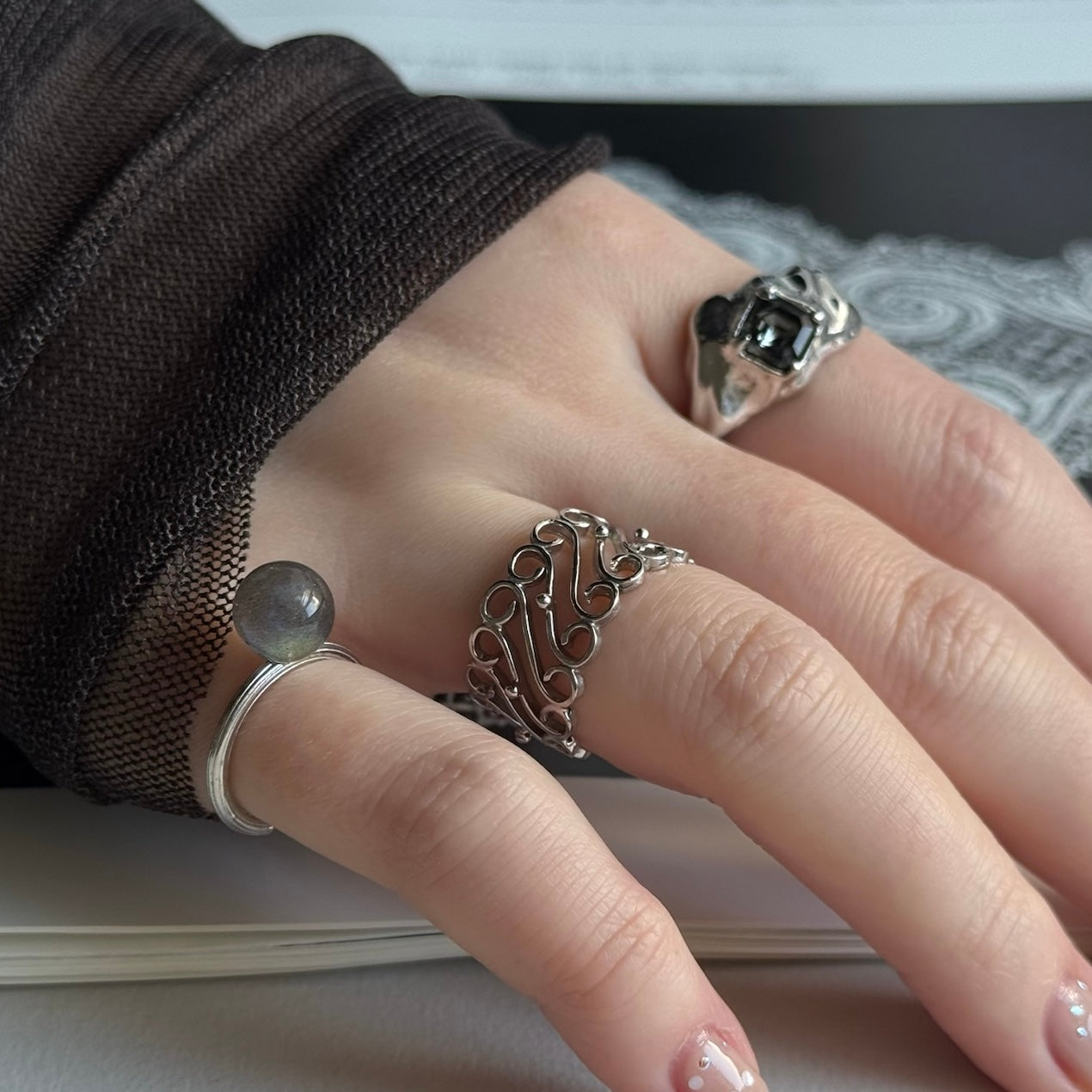 [ crystal night ]  melt ring  silver  [ free size ]