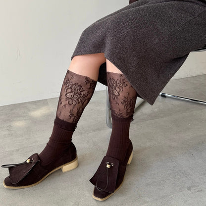 【BROWN】layered lace socks