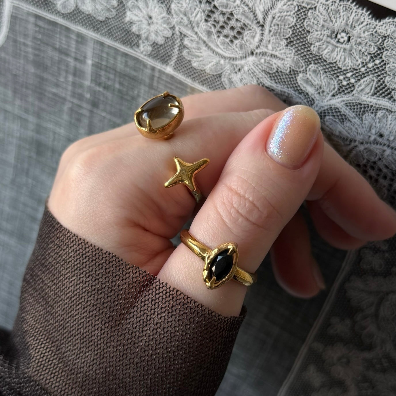 [ smoky quartz ] four pointed star gold [ free size ]