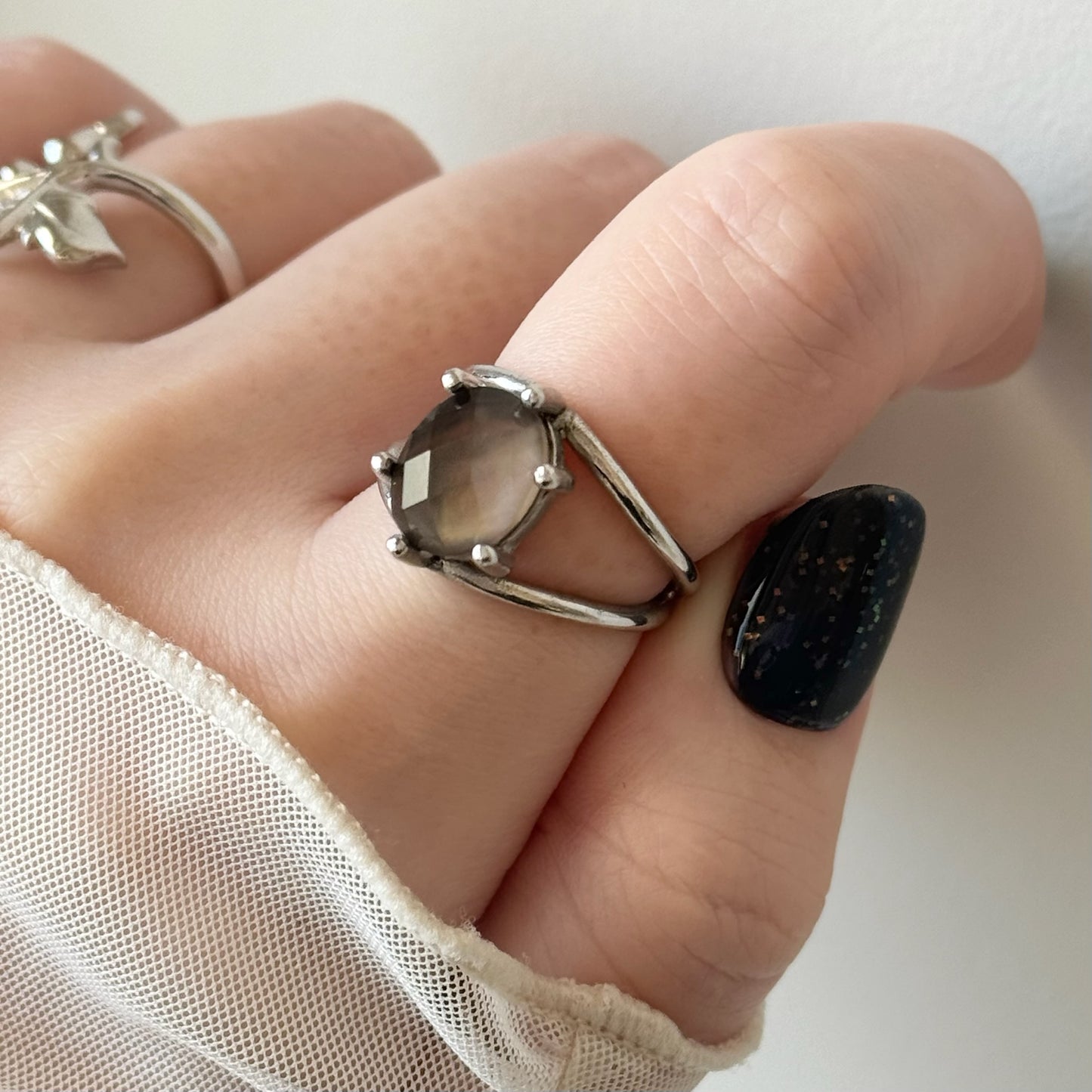 [ smoky quarz (multi-faceted) ] double silver [ free size ]