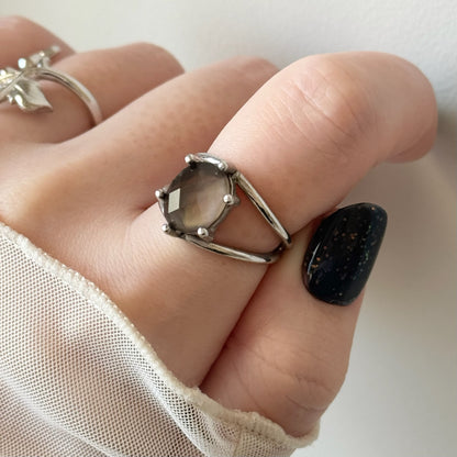 [ smoky quarz (multi-faceted) ] double silver [ free size ]
