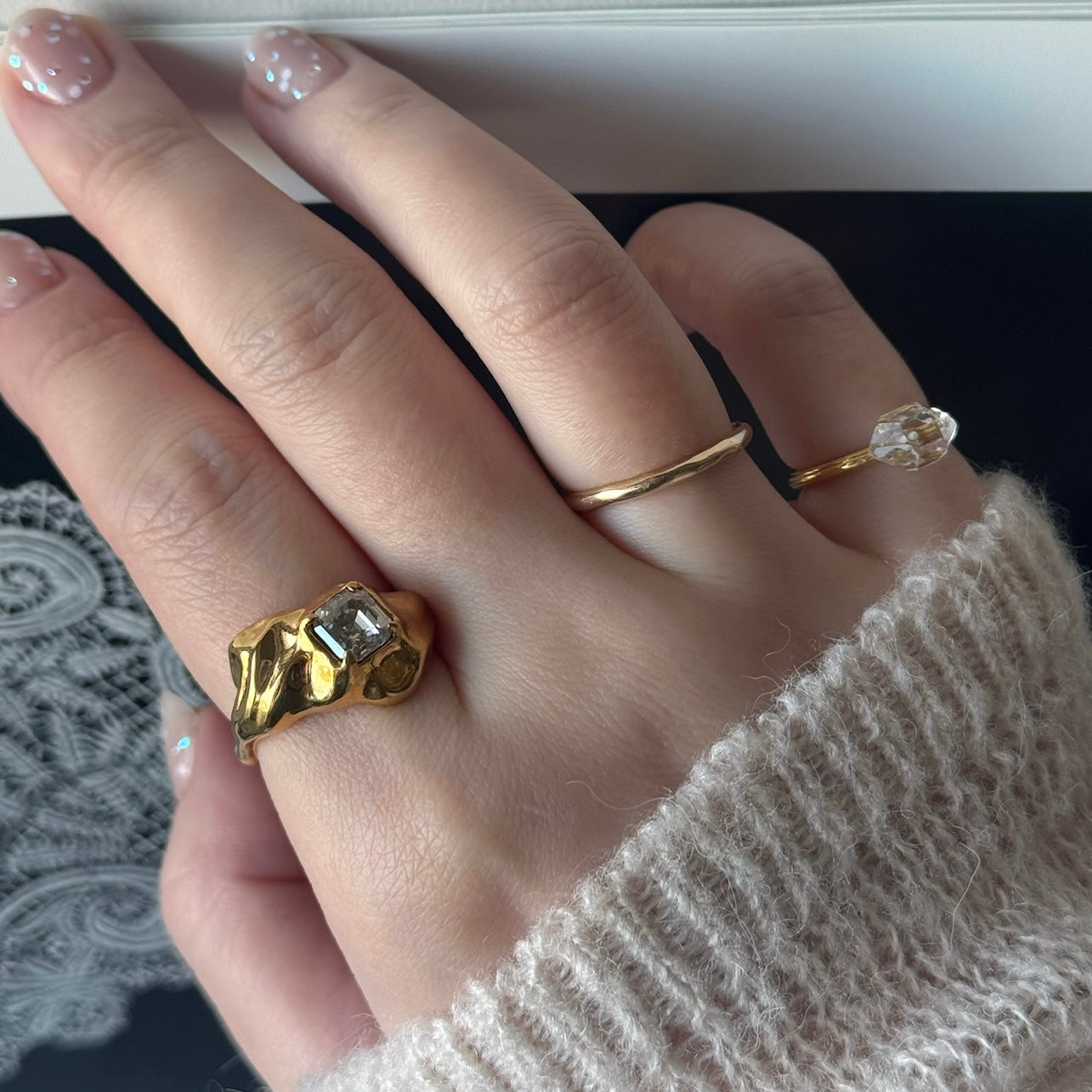 [ crystal shade ]  melt ring  gold  [ free size ]