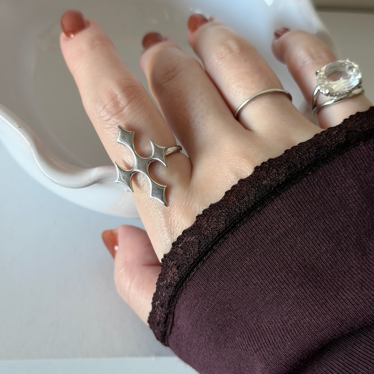 [ silver ] diamond cross ring