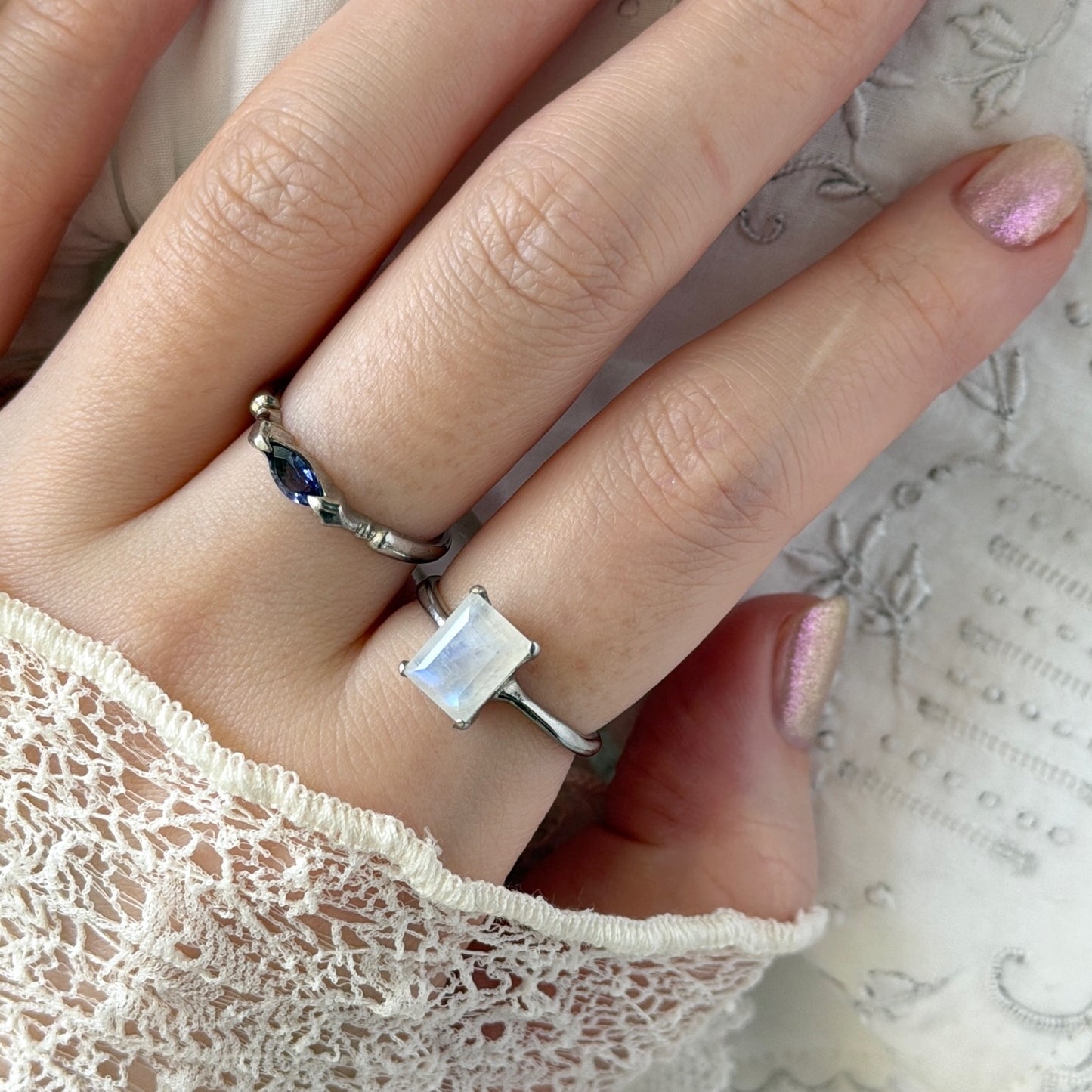 [ moon stone ] rectangle faceted cut silver