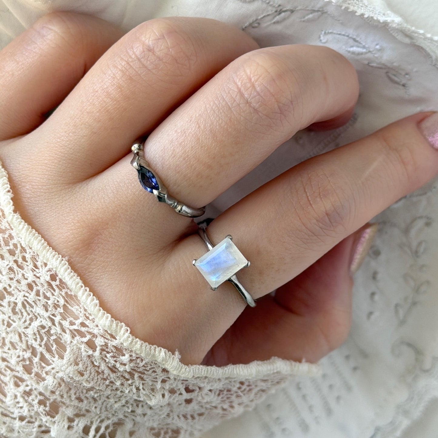 [ moon stone ] rectangle faceted cut silver