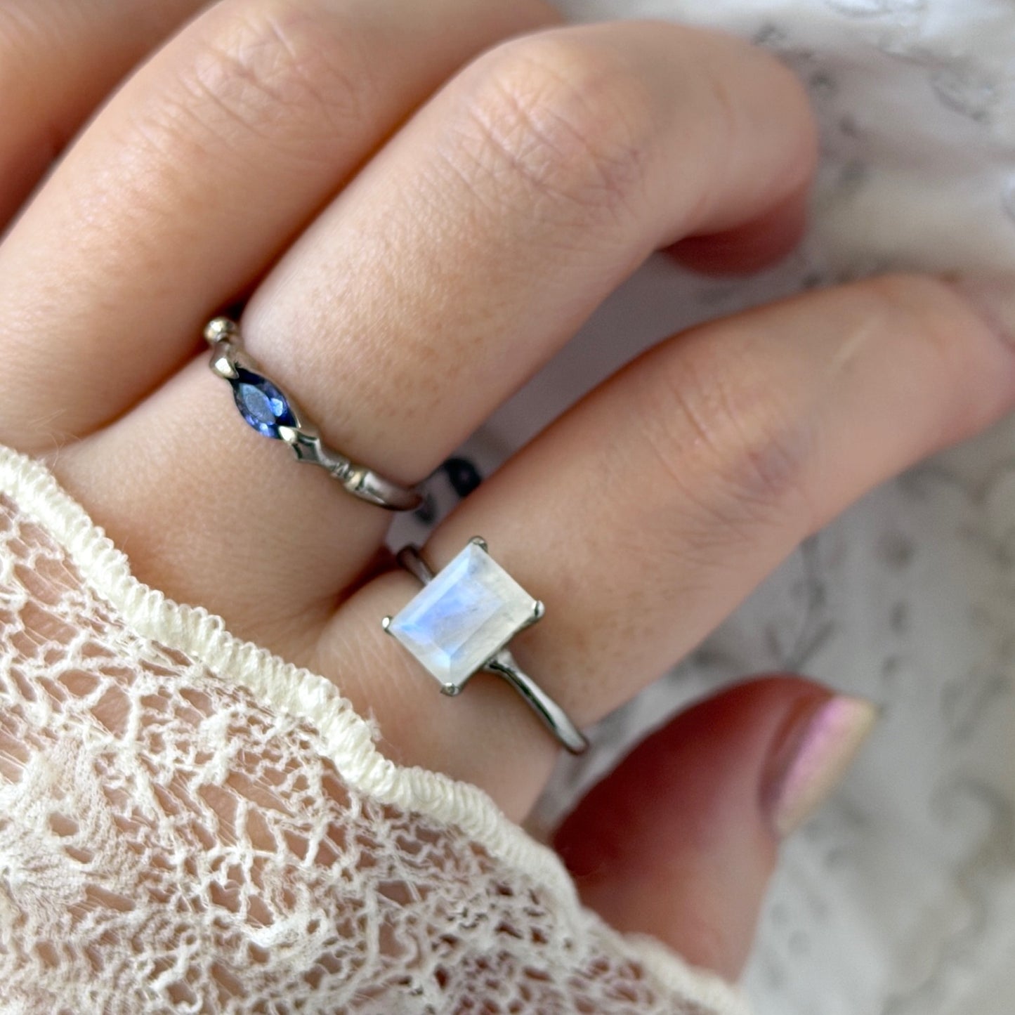 [ moon stone ] rectangle faceted cut silver