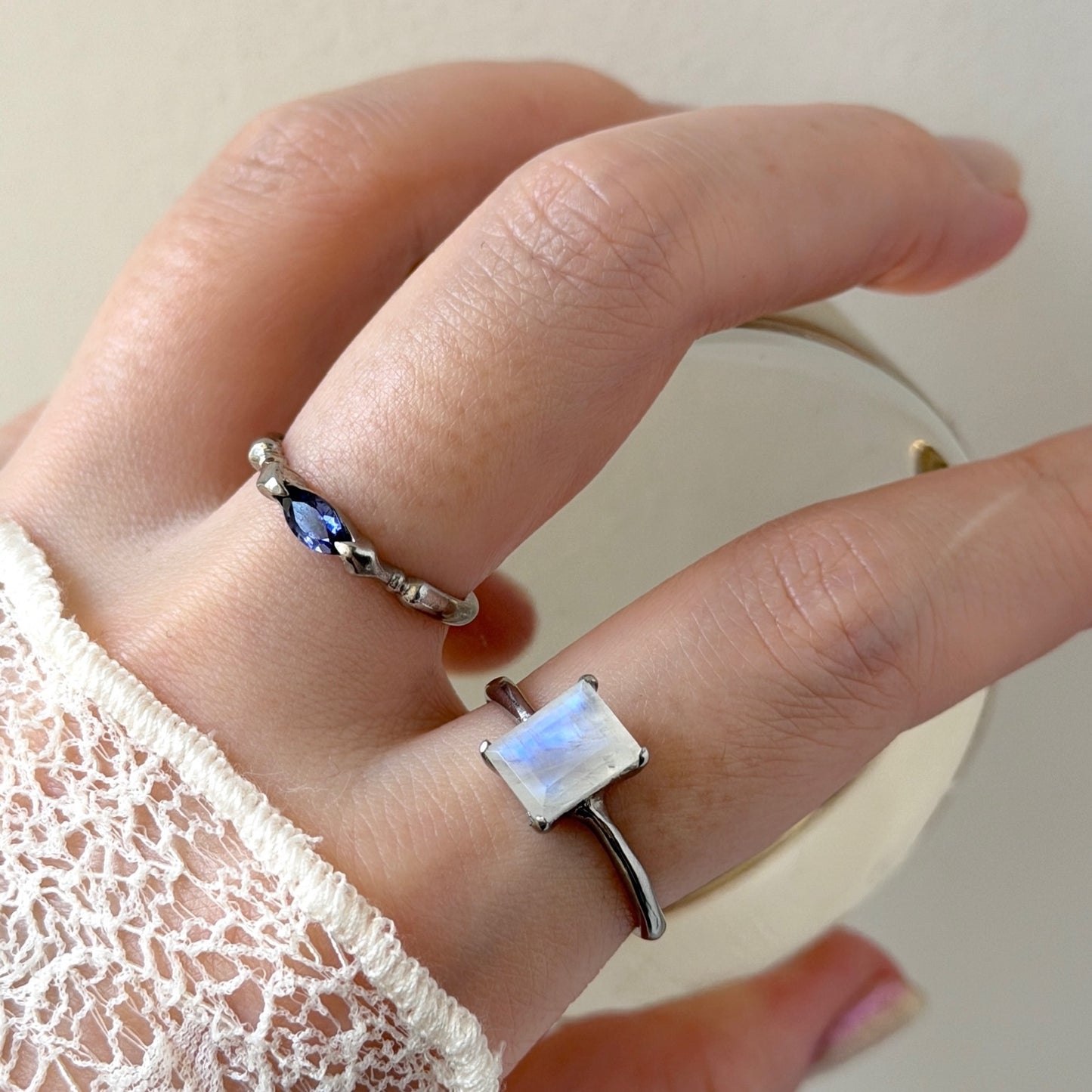[ moon stone ] rectangle faceted cut silver