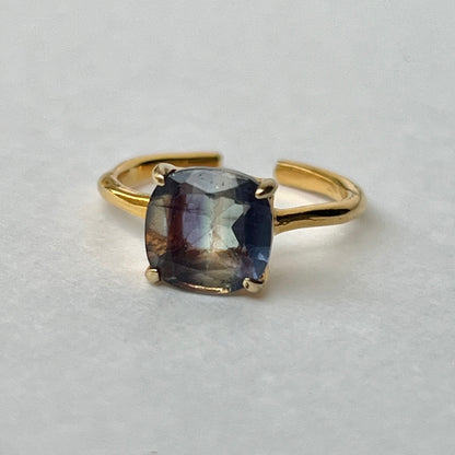 [ multi color fluorite ] square faceted cut gold