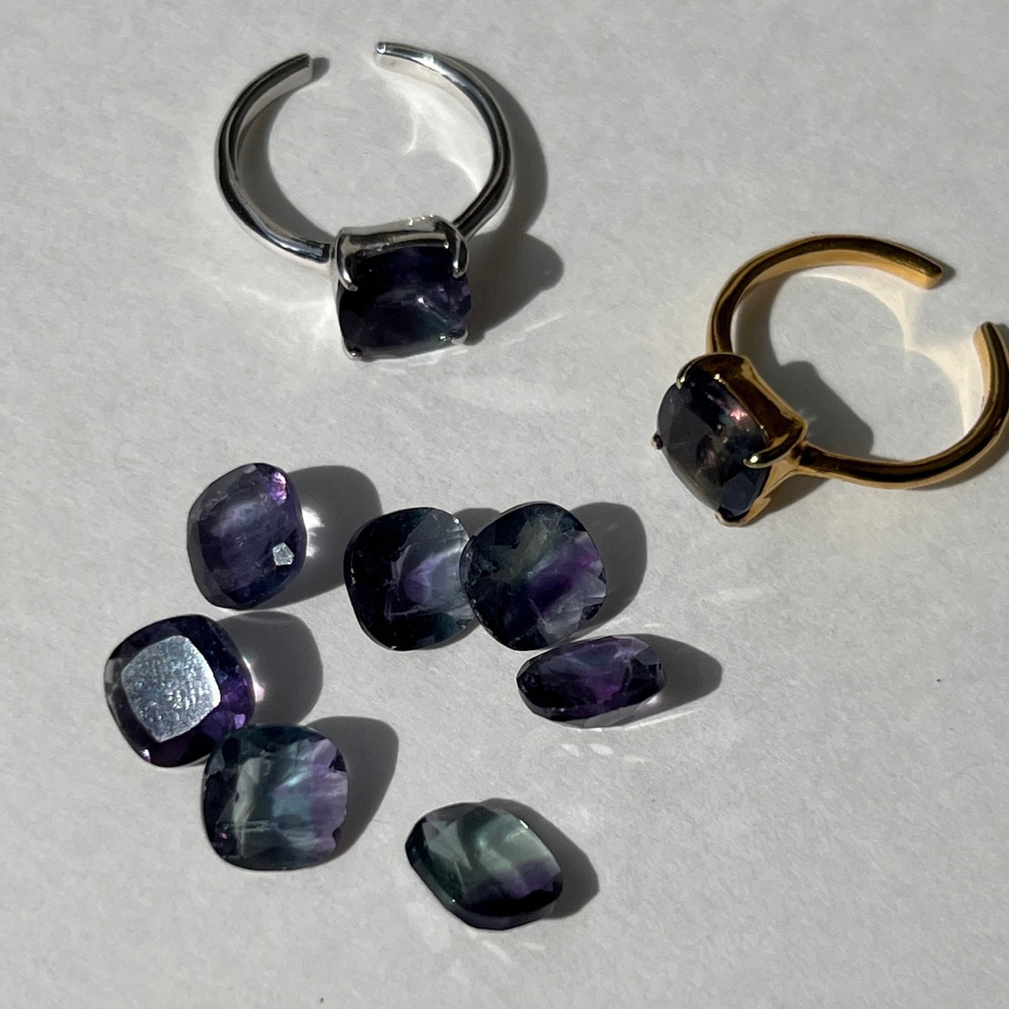 [ fluorite ] square faceted cut silver
