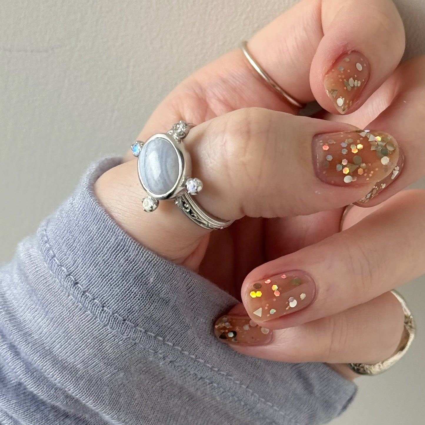 [ blue lace agate ] oval petit silver [ free size ]