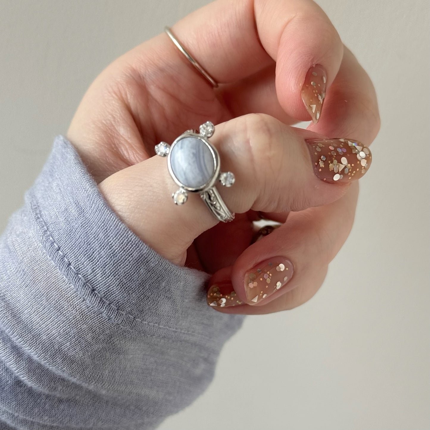 [ blue lace agate ] oval petit silver [ free size ]