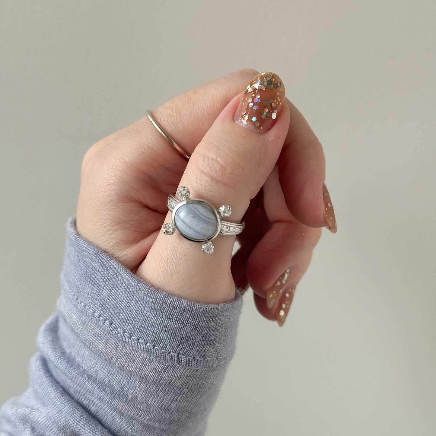 [ blue lace agate ] oval petit silver [ free size ]
