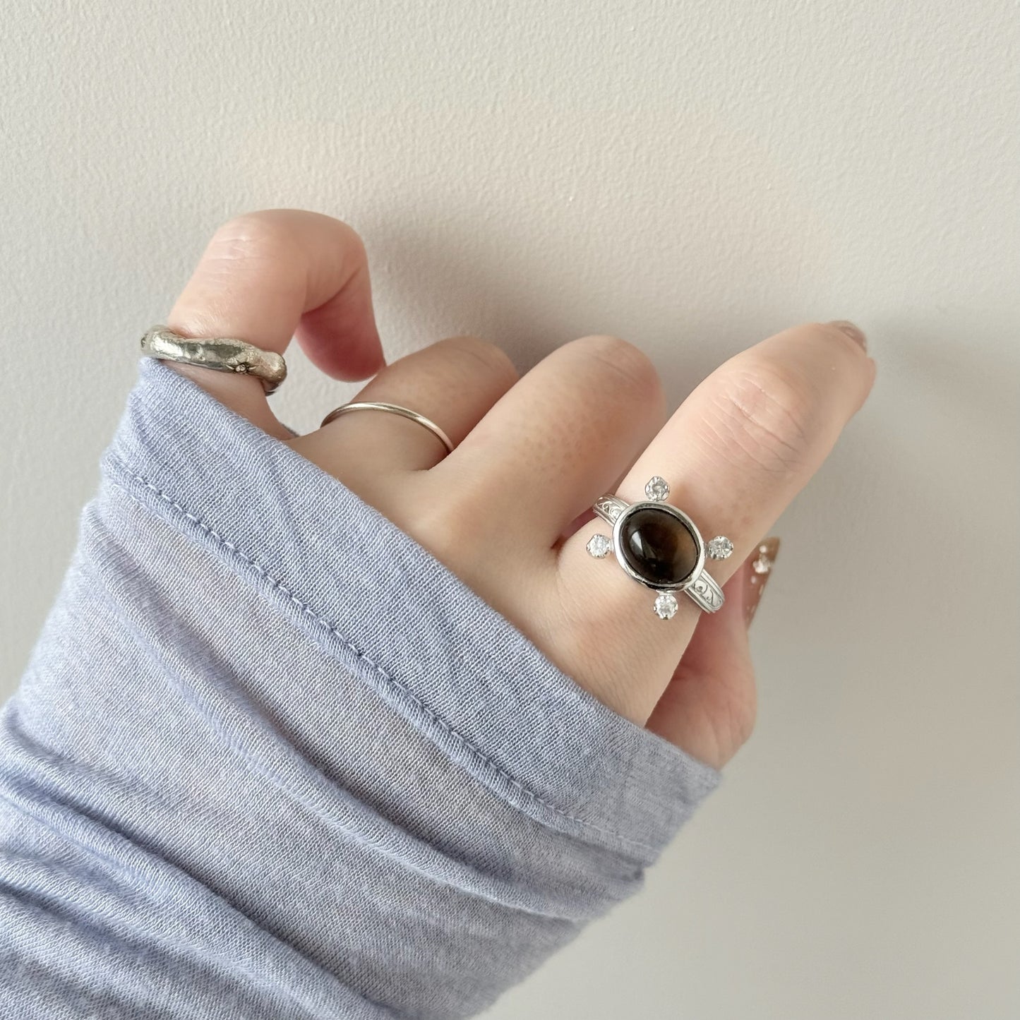 [ smoky quartz ] oval petit silver [ free size ]