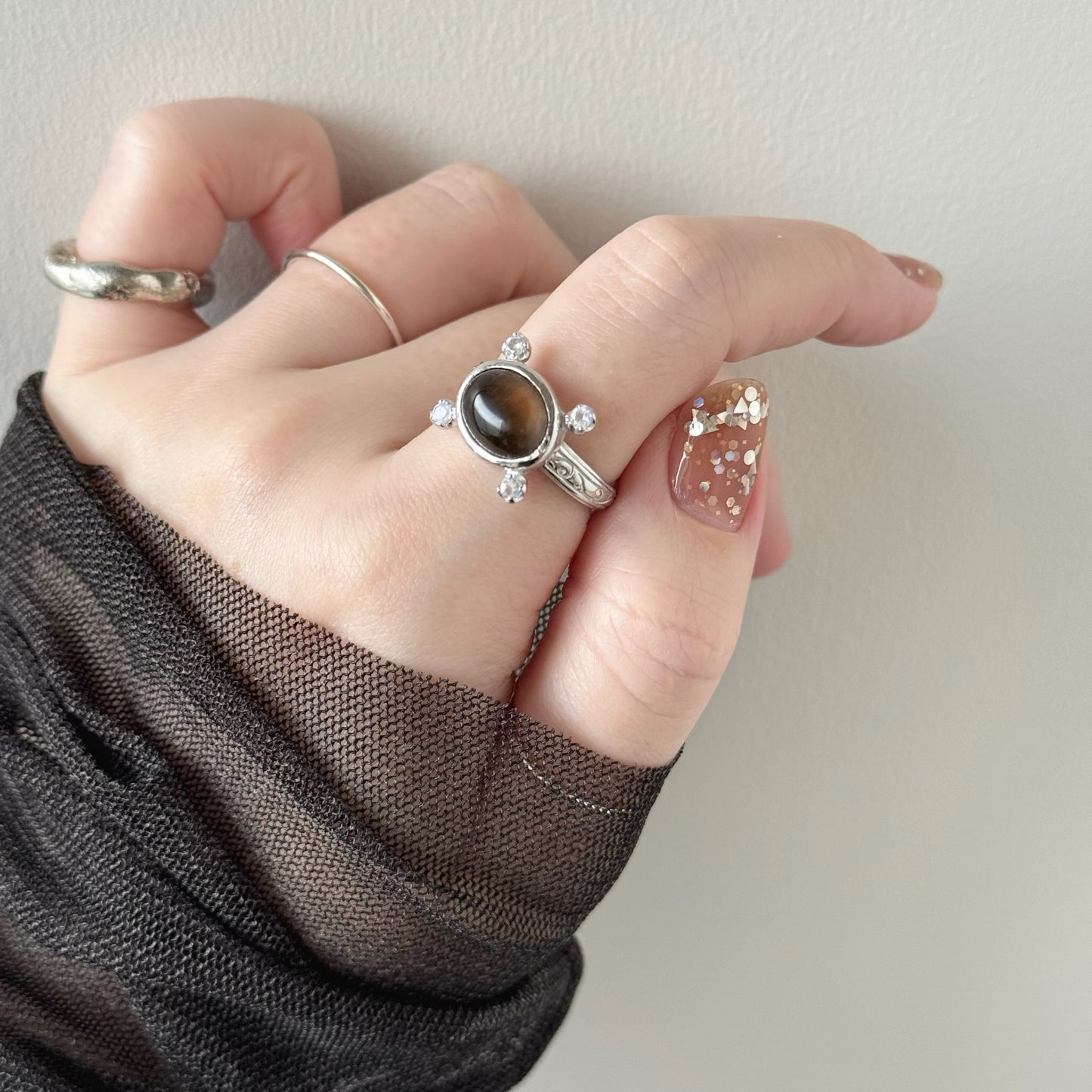 [ smoky quartz ] oval petit silver [ free size ]
