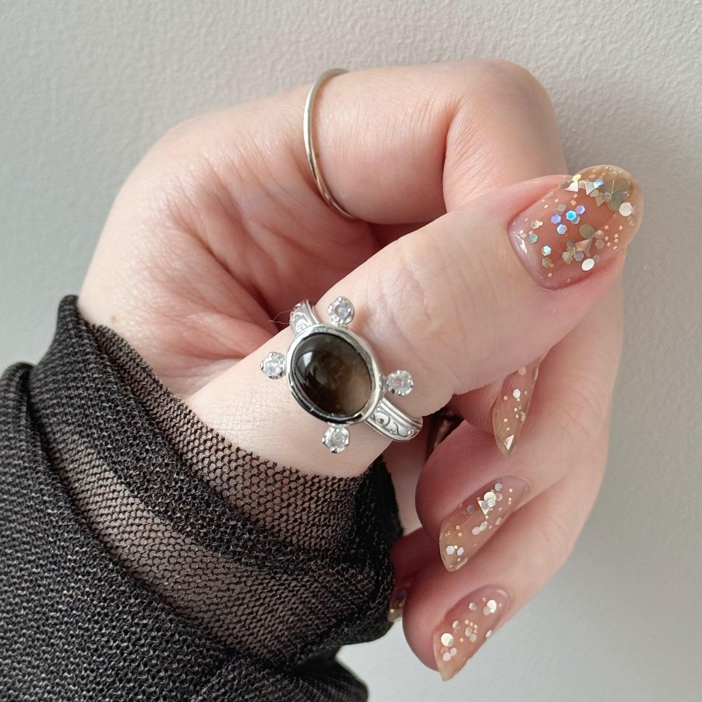 [ smoky quartz ] oval petit silver [ free size ]