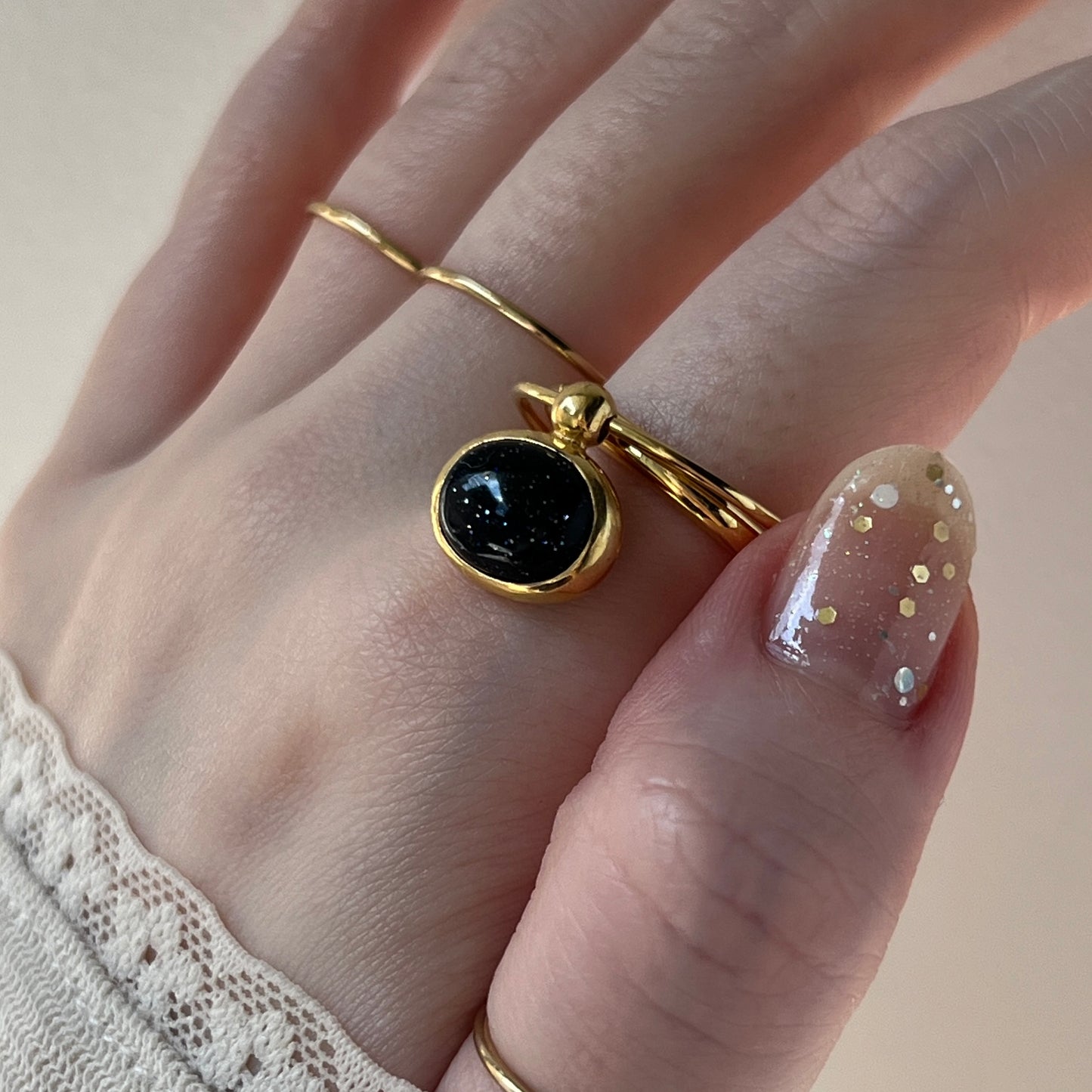 [ blue gold stone ] cabochon motif ring gold