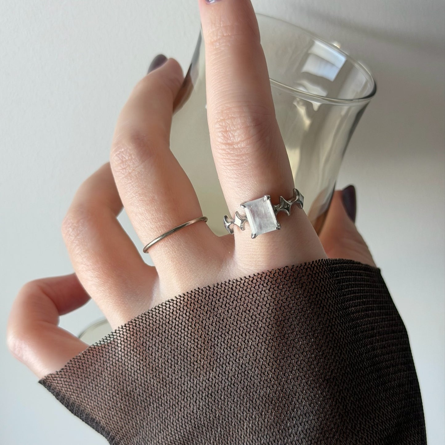 [ moon stone ] rectangle sparkle silver
