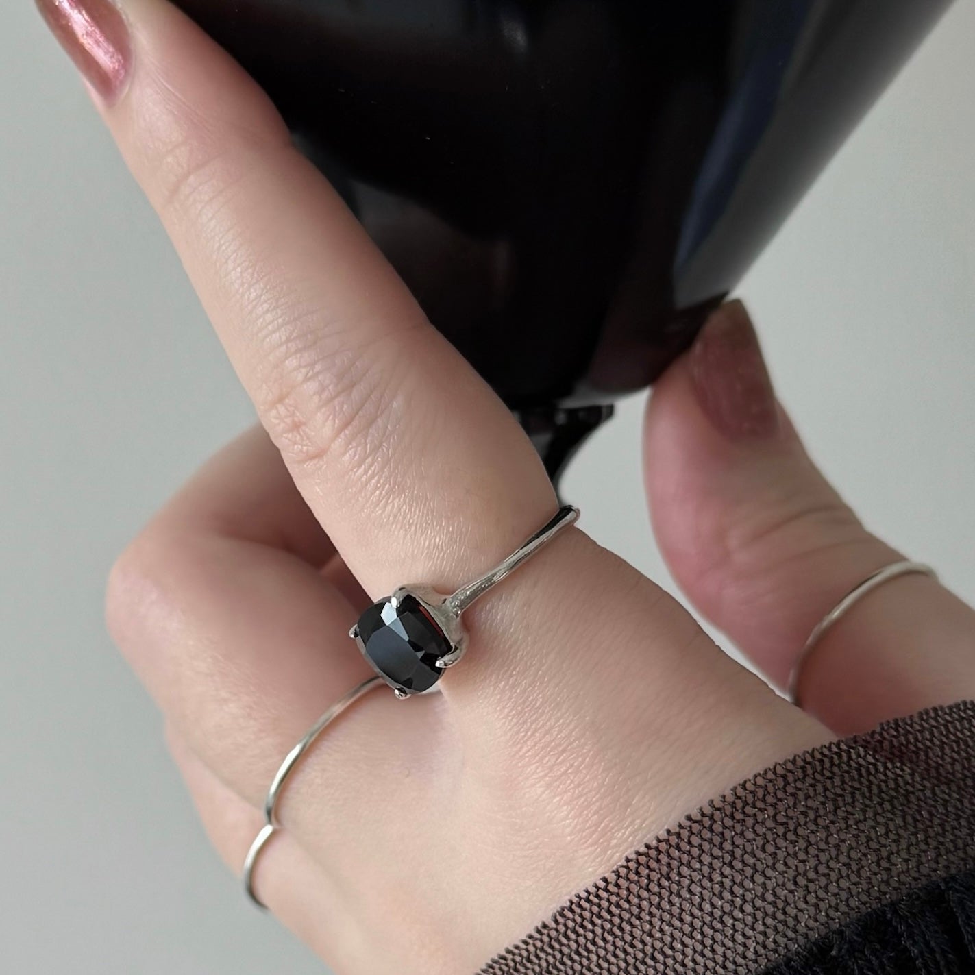 [ black spinel ] square faceted cut silver [ free size ]