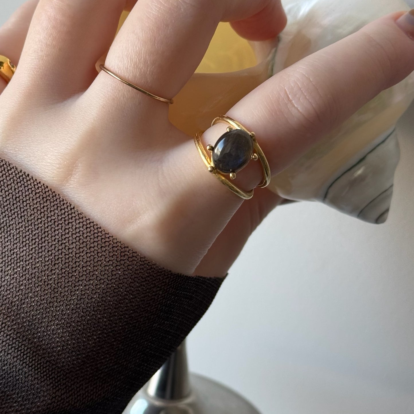 [ black labradorite ] double gold [ free size ]