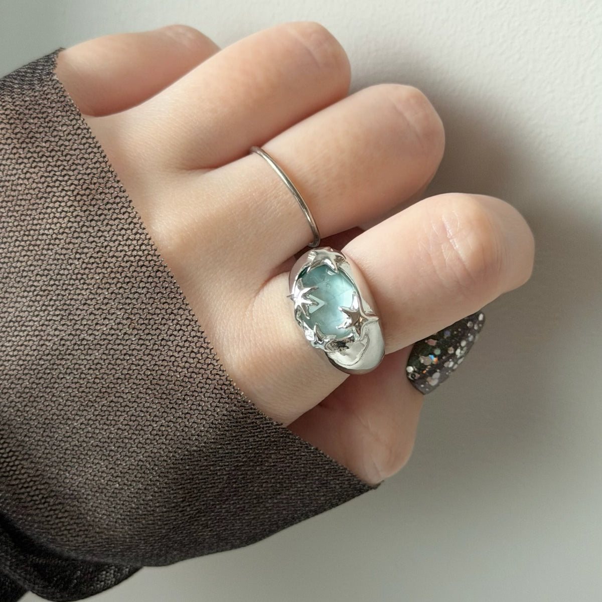 [ green onyx white shell crystal triplet ] twinkle ring silver