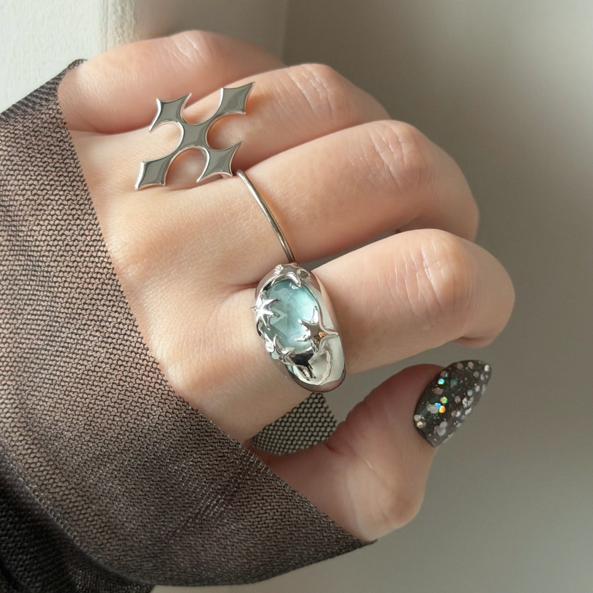 [ green onyx white shell crystal triplet ] twinkle ring silver