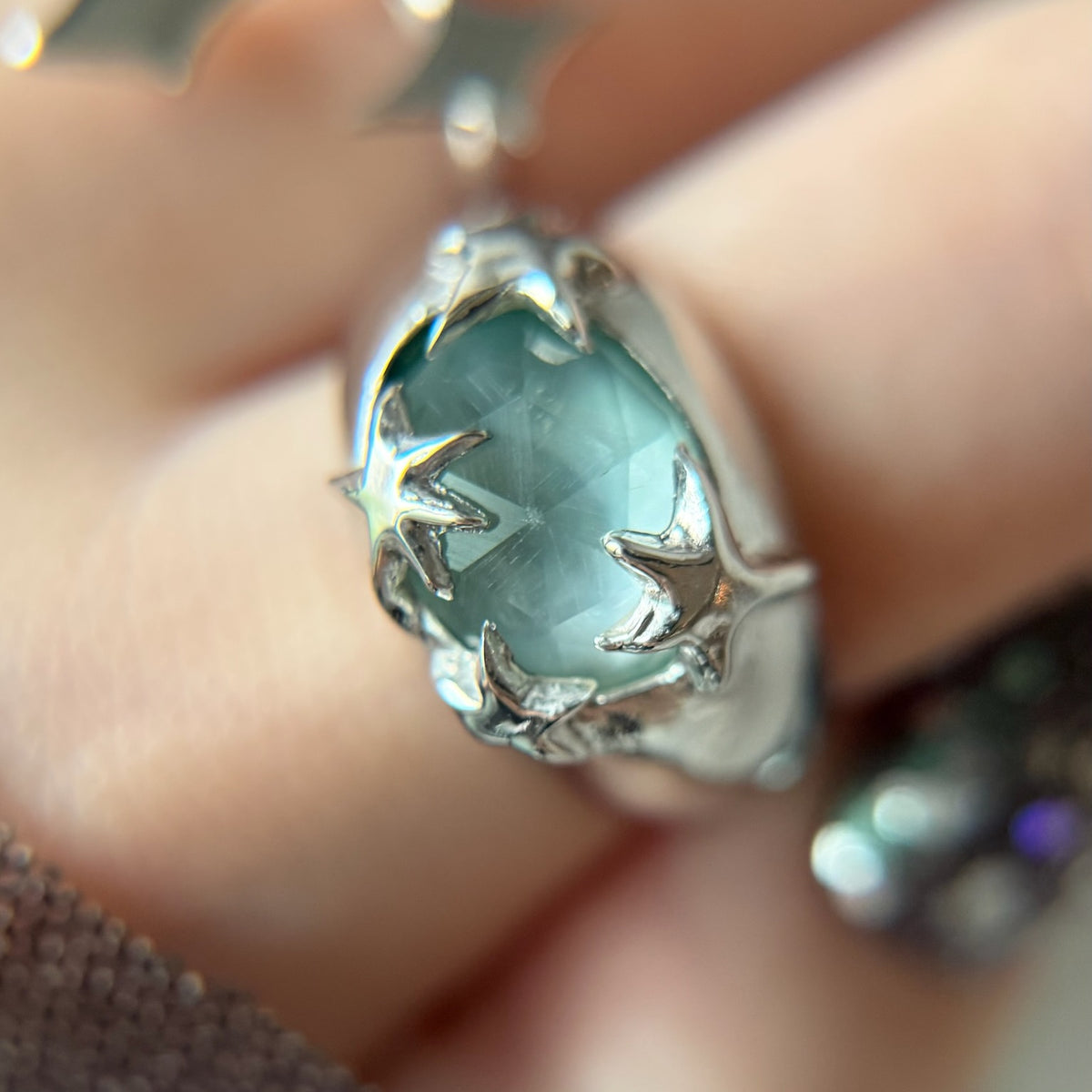 [ green onyx white shell crystal triplet ] twinkle ring silver