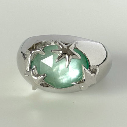 [ green onyx white shell crystal triplet ] twinkle ring silver