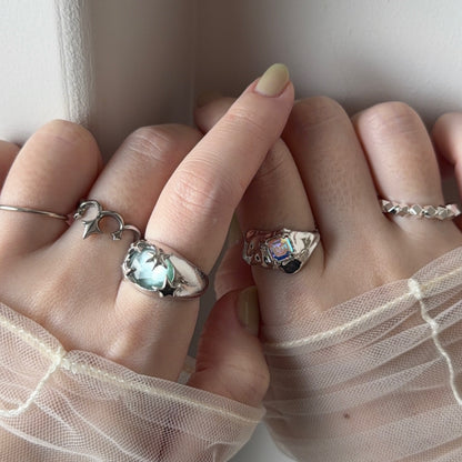 [ green onyx white shell crystal triplet ] twinkle ring silver